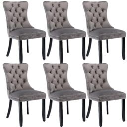 Merax Dining Chairs Set of 6, Modern Upholstered Seating for Kitchen, Featuring Solid Wood Legs, Riveted Trim, Chrome Knocker Ring, High-end Tufted Design, Soft Velvet Upholstery, Grey