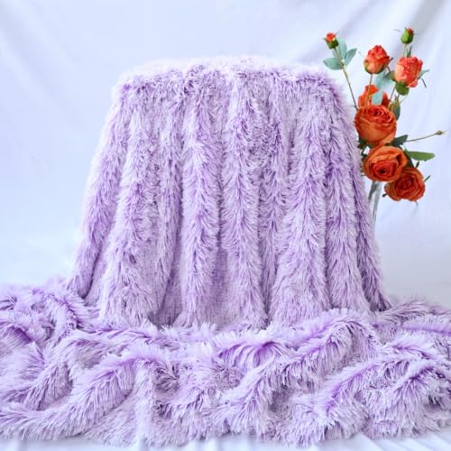 "Plush Super Soft Blanket Bedding Sofa Cover Furry Fuzzy Fur Warm Throw Qulit Cozy Couch Blanket for Winter (63""x79"",Violet and White)"