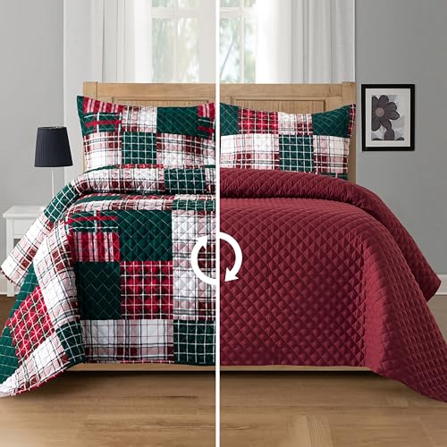 Elegant Comfort 3-Piece Plaid Patchwork Reversible Quilt - Soft Bedspread with Matching Pillow Shams, Heavy Weight Premium Stitching All Season Quilted Coverlet - Twin XL, Burgundy