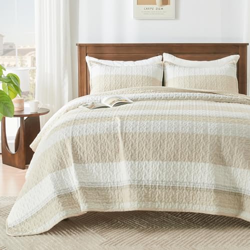 "Andency Queen Quilt Set Beige, 3 Pieces Striped Bedspread - Ultra Soft Summer Lightweight Coverlets Set, Patchwork Quilted Bedding Sets for All Seasons (90""x96"")"