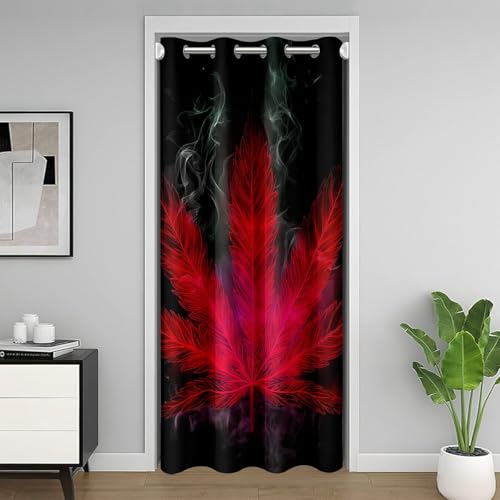 "Erosebridal Marijuana Weed Door Curtain 42"" W X 80"" L Red Cannabis Leaves Blackout Curtain Boho Exotic Hippie Theme Doorway Curtain Wall Bohemian Red Smoky Trippy Leaves Printed Door Drape"