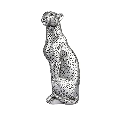Polyroyal Cheetah Statue Home Decor Leopard Sculpture Resin Sitting Cheetah Figurine Desktop Table Top Ornament Decoration for Home Office Silver