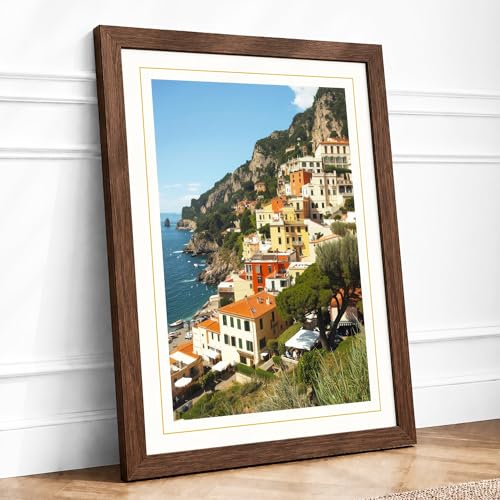 Clifftop Village on the Mediterranean Coastal Framed Print A1 Walnut - Ready to Hang, Premium Gicl??e Paper, Fade-Resistant Inks, Securely Packaged, UK Made