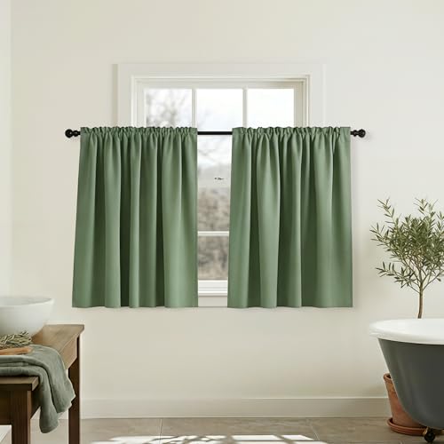 Mrs.Naturall Sage Green Blackout 52 by 36 Short Curtains for Small Windows