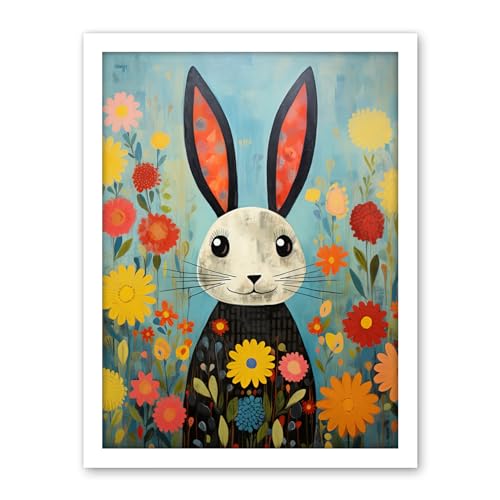 Artery8 Funny Bunny Illustration Modern Floral Rabbit Animal Artwork for Kids Bedroom or Baby Nursery Artwork Framed Wall Art Print 18X24 Inch