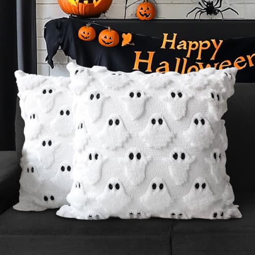 4TH Emotion Halloween Ghost Decorative Pillow Covers 18x18 Set of 2, White Soft Plush Faux Fur Farmhouse Throw Cushion Cases for Fall Autumn Holiday Home Decorations