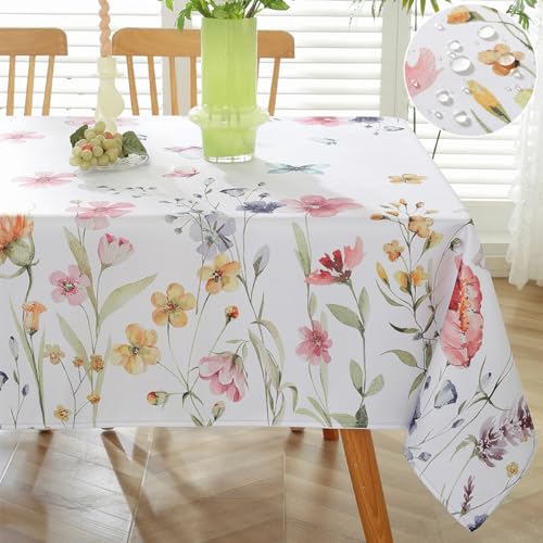 SASTYBALE Spring Summer Tablecloth Rectangle 60 x 84 Inch Waterproof - Flower Butterfly Watercolor Table Cloth, Washable Polyester Table Cover for Dining, Party, Picnic, Indoor, Outdoor, Pink