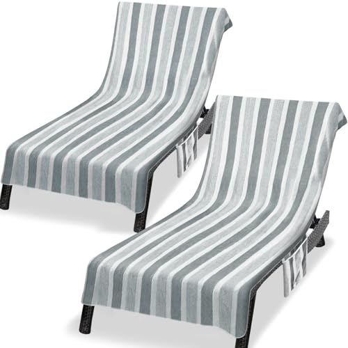 Ruikyhom Chaise Lounge Chair Towel Cover, Pack of 2,Baby-Skin Soft and Absorbent Coral Towel for Pool Beach Garden Courtyard Outdoor, 3X Faster Drying and Non-Slip, 85 x 30 in with Side Pockets, Gray