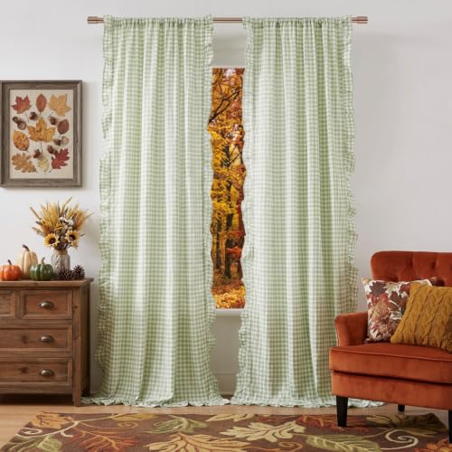 "ZJDECOR Short Buffalo Plaid Ruffle Curtain Panels,Sage Green and White 63 Inches Long,Retro Not-See-Through Sheer Drape,Shabby Chic Elegant Window Treatment for Bedroom Living Room,40""Wx63""L,Pack of 2"