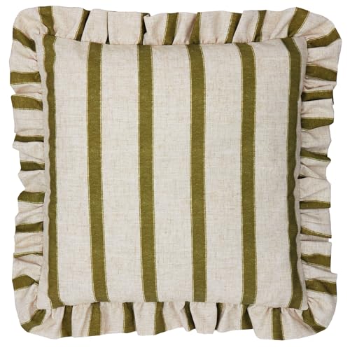 furn. Wylder Connie Square Cushion Cover – Striped Ruffle Linen Textured Decorative Case (Olive – 45x45cm)
