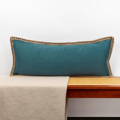 JoraLion Burlap Linen Lumbar Pillow Cover 14 x 36 inch, Trimmed Tailored Edges Cushion Cover Farmhouse Modern Decorative Pillow Case Outdoor Decor, Dusty Blue, Pack of 1 (Cover Only)