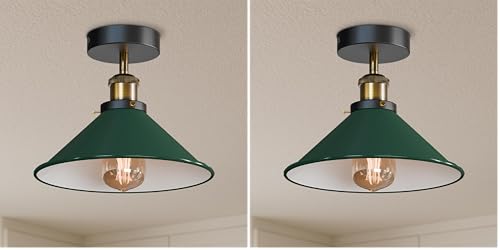 LEDSone Vintage Ceiling Lighting Fixtures with E27 Lamp Holder 22cm Green Conical Shade Flush Mount Ceiling Light for Kitchen Hallway Dining Rooms Living Rooms Bar with Bulb (Pack of 2)