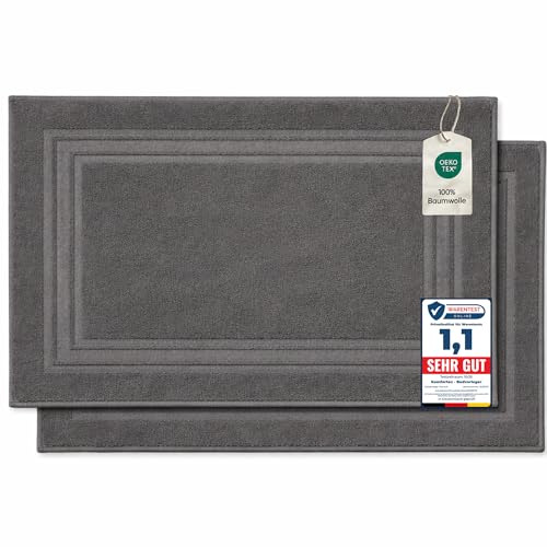 Komfortec Bath Mat Set, 2 Pieces, Terry Cloth Shower Mat, Washable Shower Mat & Bath Mat, 600 g/m² & 100% Cotton, Absorbent & Quick Drying, 50 x 70 cm, Anthracite