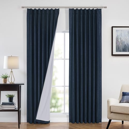 "Vision Home Navy Blue Pinch Pleated Full Blackout Curtains Linen Blended Room Darkening Curtain Panels 72 inch for Living Room Bedroom Thermal Insulated Pinch Pleat Drapes with Hooks 40"" Wx72 Lx2"