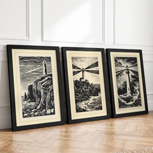 Solitary Lighthouses Coastal Set of 3 Framed Wall Art Prints A4