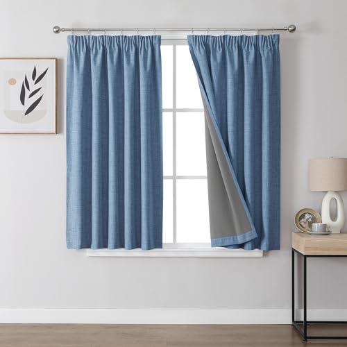 Joydeco 100% Blackout Curtains, Linen Curtains with Ruffle Tape, Set of 2, H 137 x W 117 cm, Wathet, Thermal Curtain, Cold Protection, Opaque, Sound Protection, Ideal for Living Room, Fits Rail