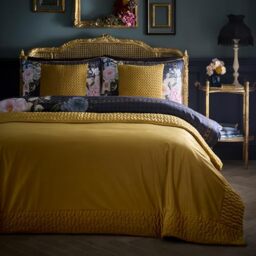 House of Llewelyn-Bowen Siena Yellow Bedspread Double – Maximalist Bedding – Velvet Recycled Polyester – Yellow Siena Bedroom Decor