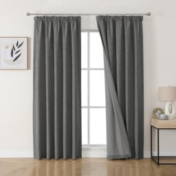 Joydeco 100% Blackout Curtains, Linen Curtains with Ruffle Tape, Set of 2, H 229 x W 167 cm, Grey, Thermal Curtain, Cold Protection, Opaque, Sound Protection, Ideal for Living Room, Matches Rail