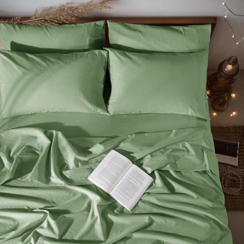 "LBRO2M 100% French Organic Linen Sheet Set 6Pcs, 16"" Deep Pocket Cal King - Pure Linen Bed Sheet, Natural Flax, Soft Breathable Sheets for Hot Sleepers, Durable, and Cozy for All Seasons, Green"
