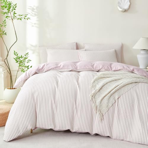 TISPLR King Size Comforter Set Striped Light Purple Soft Luxury Washed Microfiber Jacquard 3 Pieces Bedding Purple Vertical Ticking Stripes Comforter with 2 Pillowcases Breathable Durable Comfy