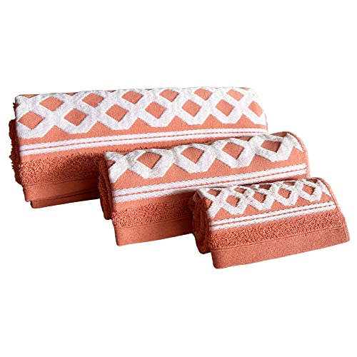 WELL HOME MOBILIARIO & DECORACIÓN Set of 3 Terry Cotton Bath Towels 450 GR/M2, 50 x 30 100 x 50 150 x 100 cm, Coral Colour Diamond Collection, WH0554