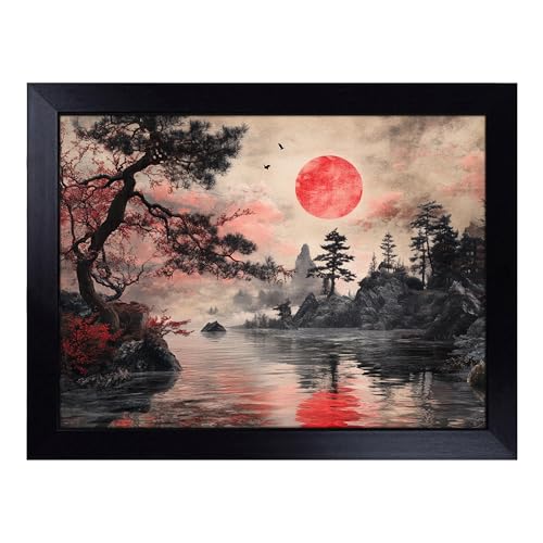 Lap Tray with Bean Bag Cushion, Japanese Sunset Painting - Handmade in the UK, Raised Wooden Edge, Padded Cushion, Heat-Resistant Wipe-Clean Surface, for Meals, Laptops and Crafts