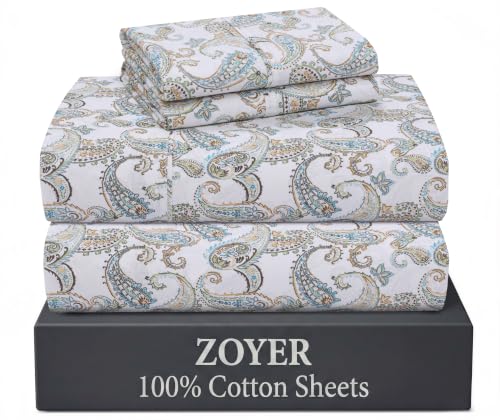 "ZOYER 100% Cotton Sheets - Cooling & Crisp Percale Sheets King Size, 16"" Deep Pockets Bed Set, Lightweight & Breathable, Durable, 4 Pieces, Paisley Ornamental"
