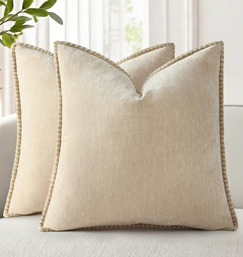decorUhome Chenille Soft Throw Pillow Covers 18x18 Set of 2, Farmhouse Velvet Neutral Decorative Pillow Covers with Stitched Edge for Couch Sofa Bed Home Decor, Beige
