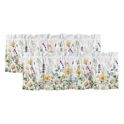 "YOKOU Kitchen Curtain Valance, Lavender Daisy Flower Eucalyptus Leaves Watercolor Floral Spring Short Rod Pocket Window Curtain for Bedroom, Bathroom, 54"" W x 18"" L, 2 Panel"