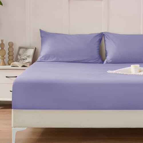 Homiest 2PCS Pure Cotton Fitted Sheet & Pillowcase Set, Twin Size, 400 Thread Count, Soft & Breathable, 15 Inch Deep Pocket, Luxury 5-Star Hotel Quality Cotton Sheets, Lavender