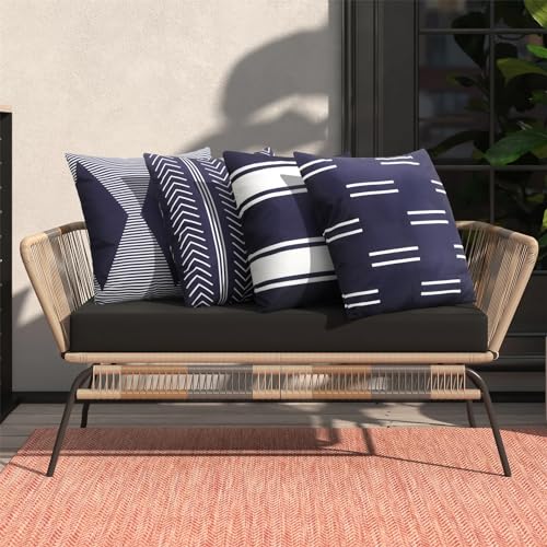 Adabana Outdoor Waterproof Pillow Covers 18x18 Inch Set of 4 Navy Blue Modern Geometric Throw Pillows Cover Decorative Boho Pillow Covers for Patio Garden Porch