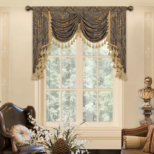 Loom and Mill Luxury Jacquard Waterfall Valance for Living Room, Classic Antique Swag Window Valances with Tassels, Bronze Gold Swag Curtains for Bedroom Banquet Holiday Decoration(W59Inch,1 Panel)