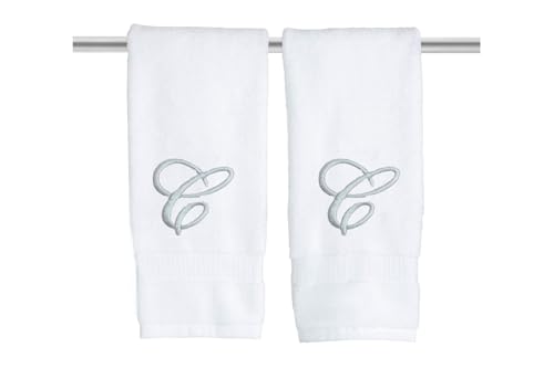 Decorvo White Monogrammed Hand Towels for Bathroom - Luxury Hotel Quality Personalized Initial Embroidered Towel for Powder Room, Spa - GOTS Organic Certified - Set of 2 Silver Letter C