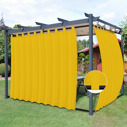 Easy-Going Outdoor Patio Curtains Detachable Tab Top Windproof Weatherproof Curtain for Cabana, Porch, Pergola and Gazebo, Tab Bottom Drape, 2 Panels, 110W x 108L inch, Yellow