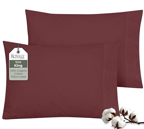"ROYALE LINENS 100% Organic Cotton Percale Pillowcases Set of 2 - King Size Percale Pillowcase - King Set of 2 Pillow Cover - Breathable, Cool & Crisp Pillow Cases (20""x40"", Red)"