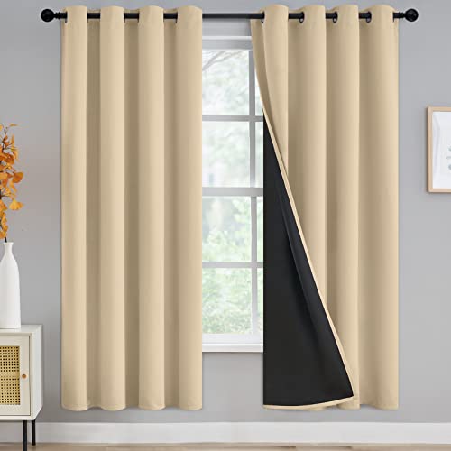 Thermal Insulated 100% Blackout Curtains for Bedroom with Black Liner, Light Blocking Drapes with Black Backing, Thermal Insulated Solid Grommet Panels for Living Room, 52Wx72L, Beige, 2 Panels