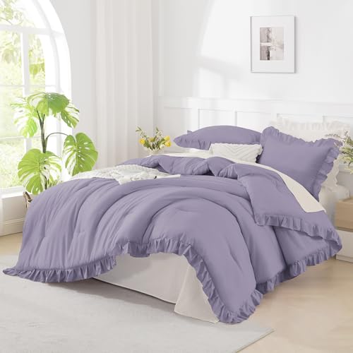 Andency Purple Ruffle Comforter Twin Size, 2 Pieces Soft Bed Set - Farmhouse Shabby Classic Bedding, Lighteweight Polyester Bed Set for Girls(1 Ruffle Comforter and 1 Pillowcase)