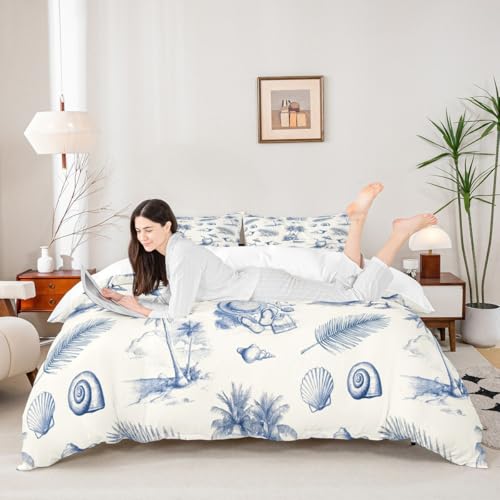 Sea Beach Bedding Set Queen Size,Coastal Palm Tree Flip Flop Duvet Cover Set Ocean Starfish Seashell Conch Comforter Cover for Kids Girls Boys Adult Room Decor Sketch Navy Beige Quilt Cover 3Pcs