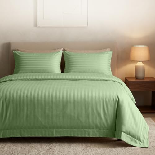 Casabella Satin Stripe Duvet Cover Sets, Luxurious Single Sage Bedding with Stripes,Single Duvet Cover Set,Hotel Quality Single Duvet Set & Pillowcases,Sage Satin Stripe Single Bedding Sets