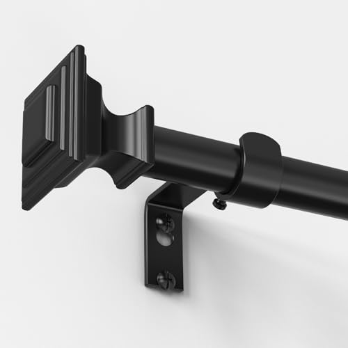 "VOIIY Curtain Rods for Windows 28 to 48 Inch(2.3-4 Feet),3/4"" Diameter Black Drapery Rods with Square Finials,Size:18-45 Inch,Matte Black"