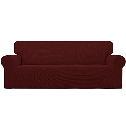 Easy-Going Stretch Sofa Slipcover 1-Piece Couch Sofa Cover Furniture Protector Soft with Elastic Bottom for Kids, Spandex Jacquard Fabric Small Checks(Sofa,Wine)