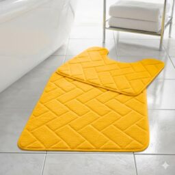 HomeSpace Direct Blocks Non- Slip Memory Foam Bath Mat/Toilet Mat Set Ochre