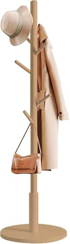 edihome, Coat Stand with Round Base, Freestanding Coat Rack with 8 Hooks, 172 x 38 x 38 cm, Wooden Hall Tree for Coats, Hats, Jackets, Bags & Umbrellas, Entryway, Hallway, Bedroom, Office (Wood)