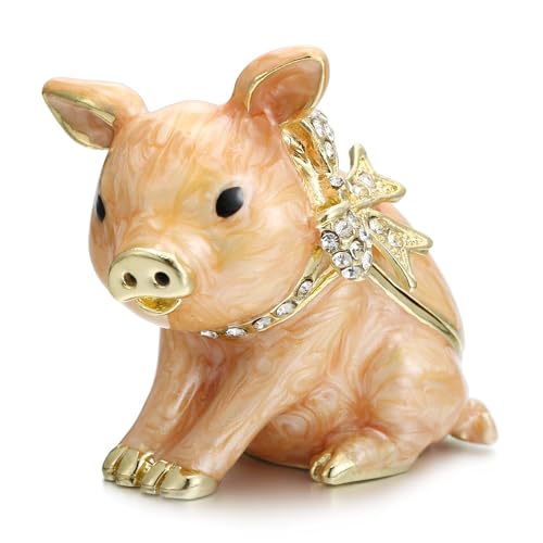 Vie jeune Hand Painted Enamel Cute Pig Trinket Box, Hinged Unique Mini Ring Necklace Jewelry Organizer, Classical Bejeweled Storage, Figurine Collectible Keepsake Home Decor (Pig-1)