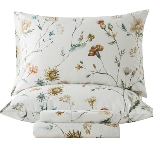 Zusbest Vintage Printed Bed Sheets Full 100% Cotton Floral Pattern Sheet Set Wildflower Bedding Brown Beige, Breathable Crisp Cooling Botanical Percale Deep Pocket Sheets 17.5'', 4 Pcs