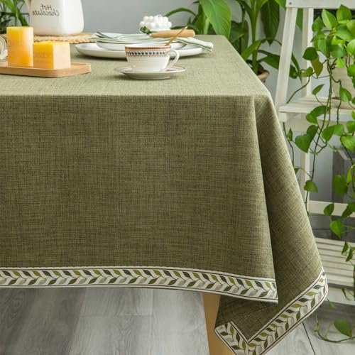 GLORY SEASON Textured Table Clothes Linen Style Rustic Washable Tablecloth Jacquard Trim Rectangle Table Cloth,Oblong Table Cover for Kitchen Dinning Tabletop Decoration Olive Green,55x70 Inch