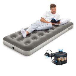 Bestway Premium Camping Single Airbed with Cordless Battery Pump - Single Flocked Inflatable Bed Portable, Air Mattress, Outdoor Camping Air Bed, Fast Inflation