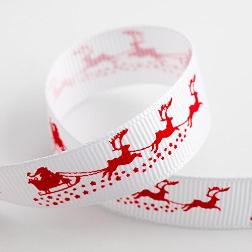 Italian Options Santa's Sledge Christmas Grosgrain Ribbon, White Christmas Ribbon for Crafts, Gift Wrapping, Wreaths, Tree Decorations, Hair Bows, White, 16 mm x 5 Metre Roll