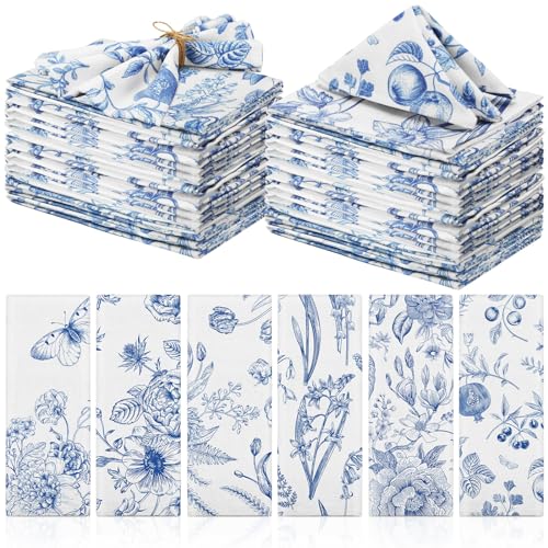 VitalCozy Cloth Napkins 15 x 15 Inch Reusable Soft Fabric Napkins Washable Plants Floral Square Napkin Cotton Dinner Towel Decorative for Summer Fall Party(Blue White Flower,24 Pcs)