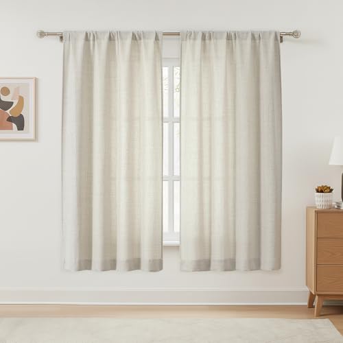 OVZME Natural Curtains 63 Inch Length 2 Panels Set, Farmhouse Light Filtering Faux Linen Curtains for Living Room Bedroom, Rod Pocket Soft Thick Textured Window Drapes, 2x42Wx63L Inches